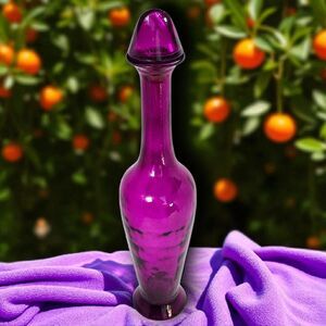 Vintage 19″ Painted Purple Glass Decanter Bottle Tall Genie Style Retro Display